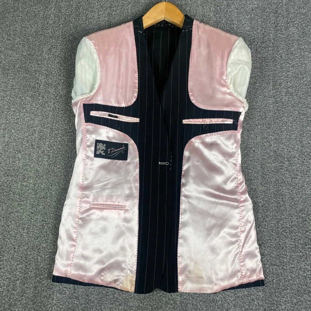 7 Diamonds Mens Blazer S Black Pinstripe‎ Clapton Pink Lining Contrast Stitch